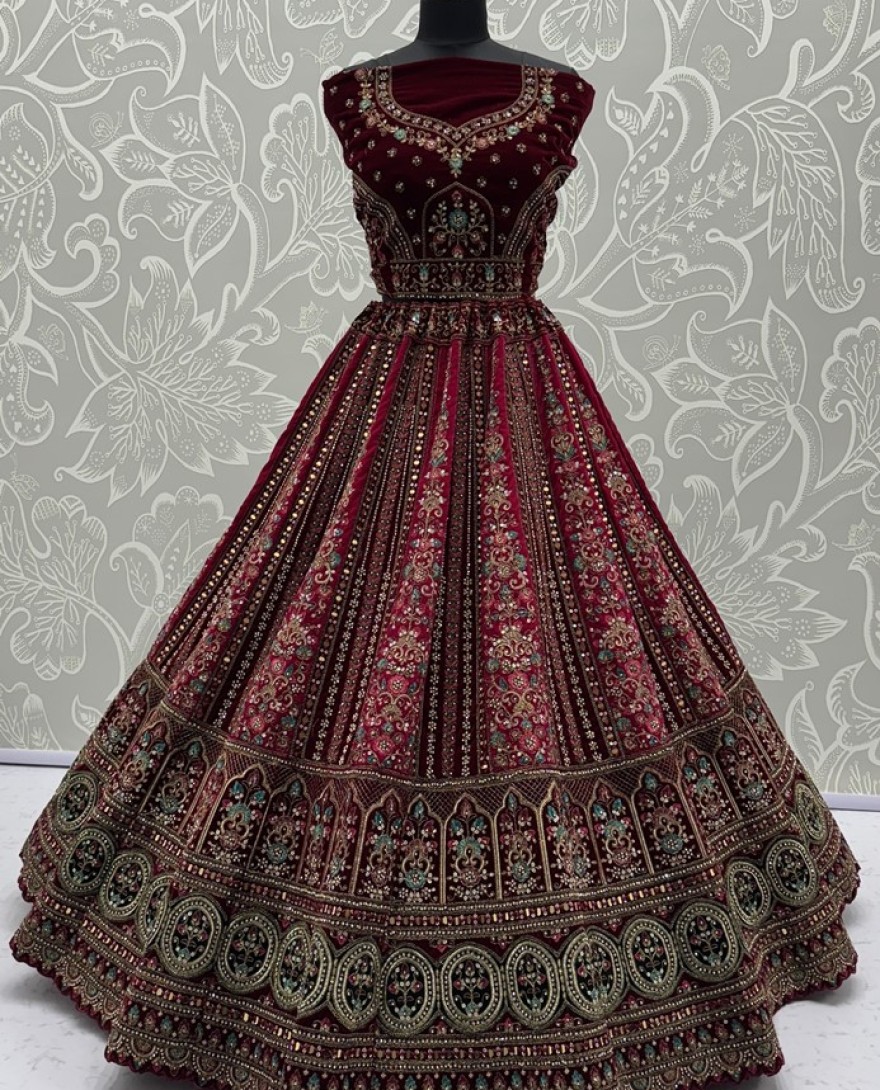 2875-A - Very-Well Detailed Red Hand Mirror Crafted with Various Embroidery and Doubke dupatta combine Bridal Lehenga Choli